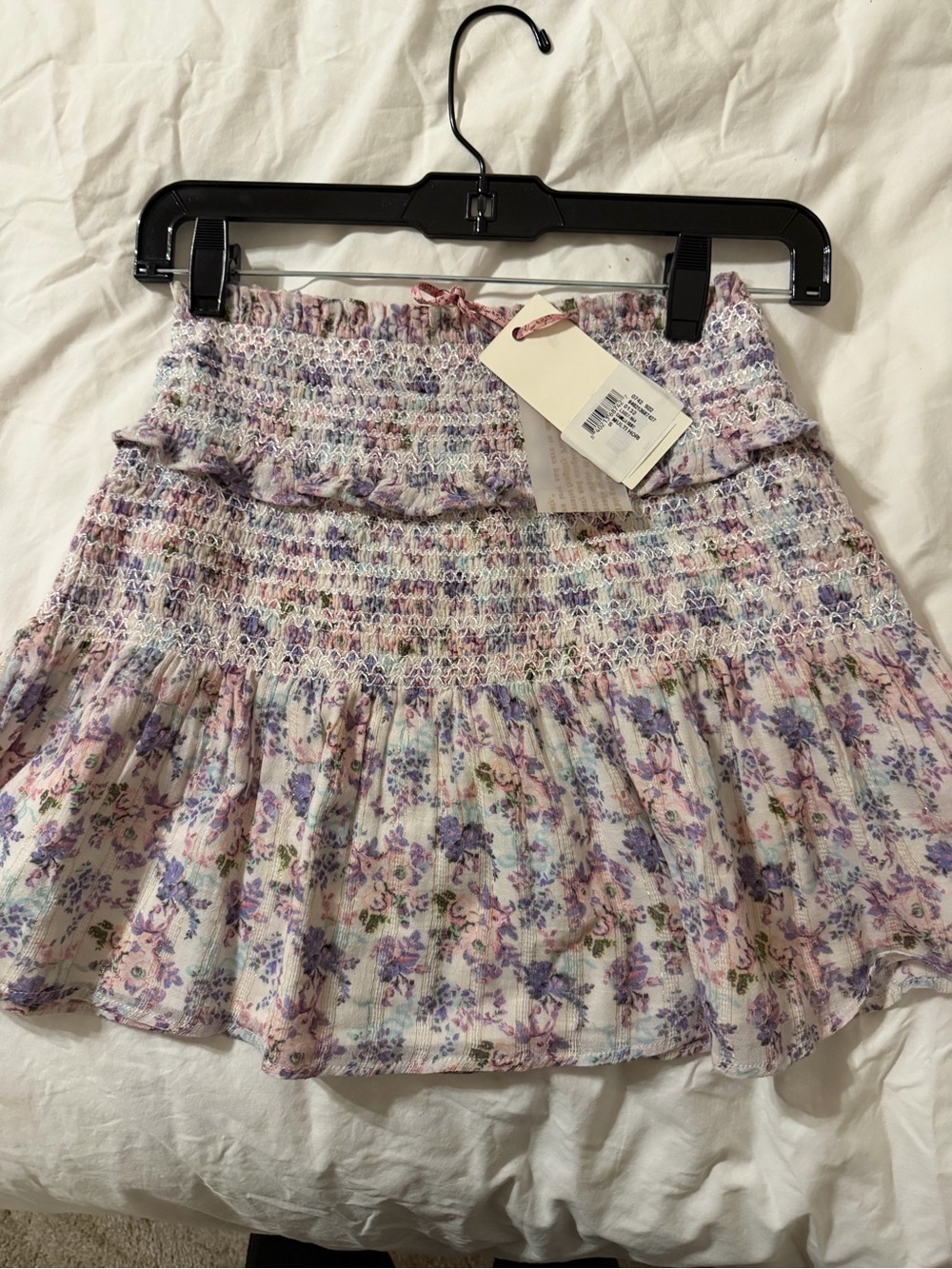 LoveShackFancy Lavender & Pink Floral Smocked Ruffle Mini Skirt